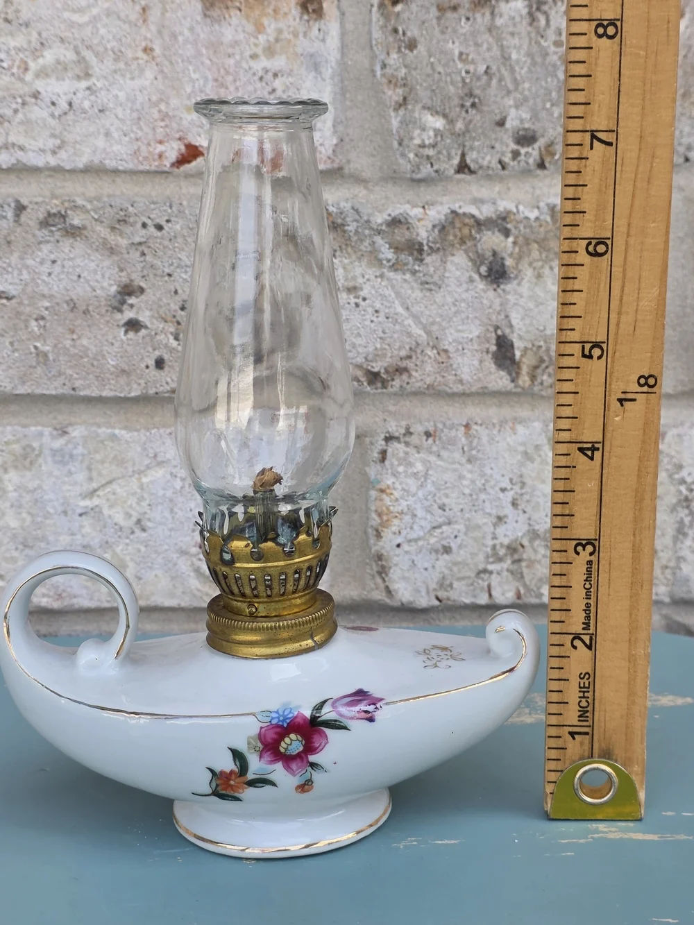 Vintage Made in Japan Miniature Porcelain Oil Lamp with Glass Chimney